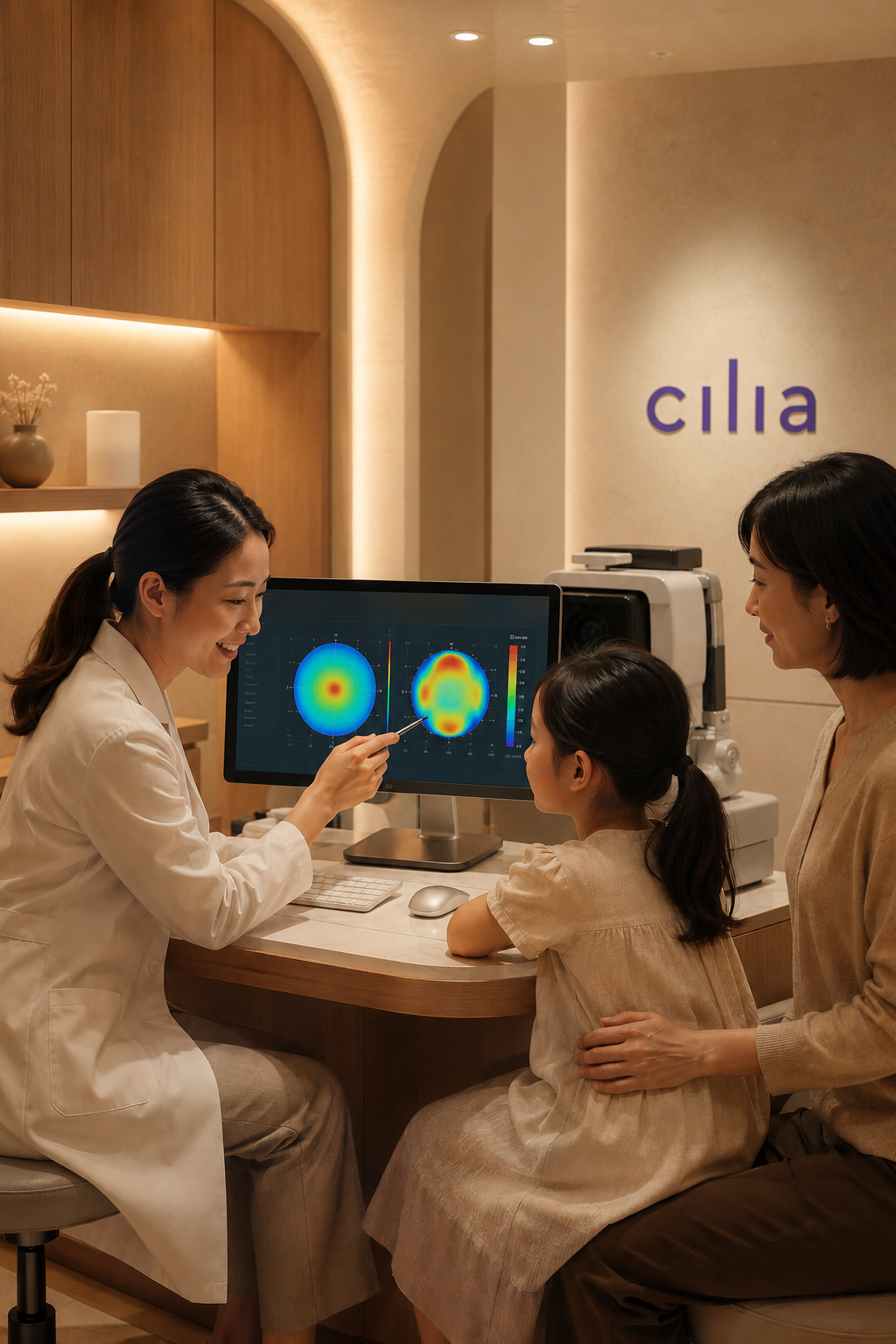 Doctor reviewing corneal topography with young patient